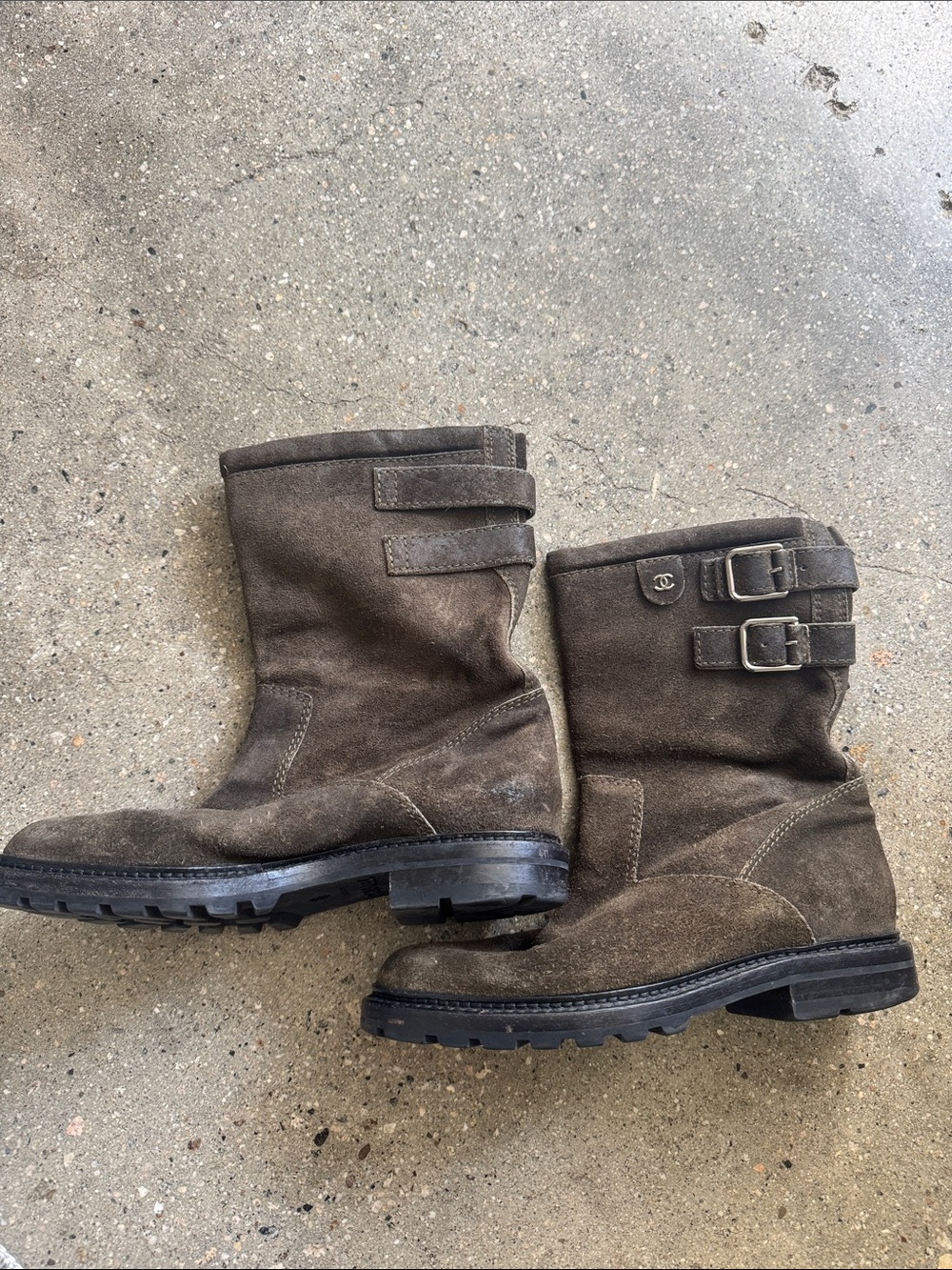 CHANEL Dark Brown Suede Buckle Moto Boots for Men